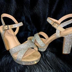 Maripé rhinestone heels. Silver and nude, with block heel.